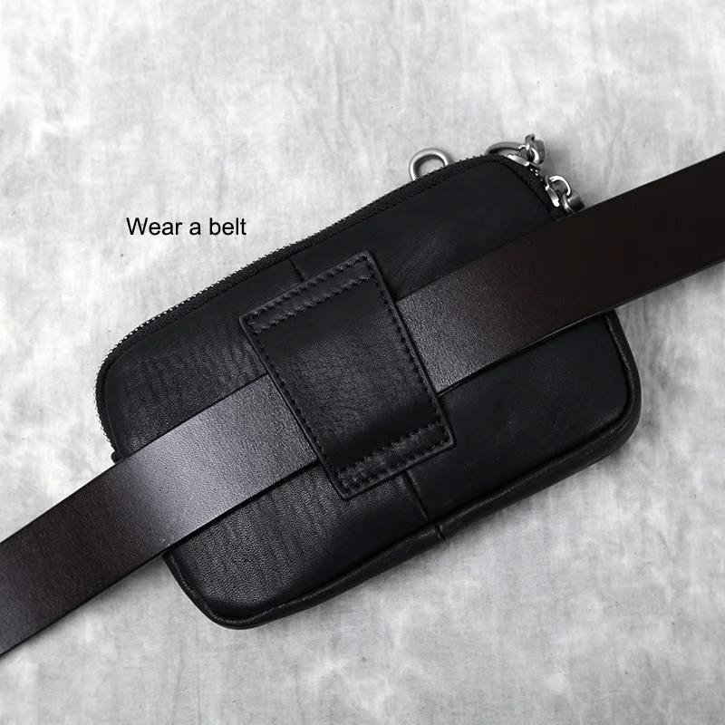 Herren-Gürteltasche aus echtem Leder, horizontal, für Mobiltelefone, Retro-Stil, Oberschicht aus Rindsleder, schlicht, lässig, mit Doppelreißverschluss, JLFGPJ – Detail 11