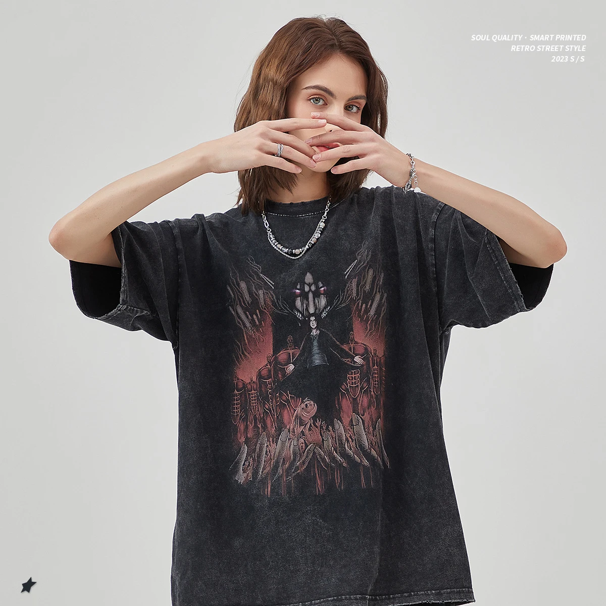 

Spring Summer Hip Hop Streetwear Men Washed T-Shirt Japanese Anime Graphic Print T-Shirt Loose Tshirt Harajuku Cotton Tops