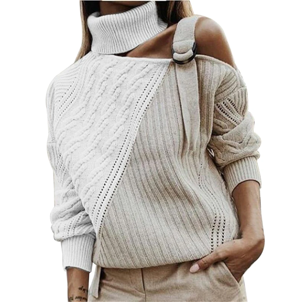 Autunno inverno manica lunga maglione top donna Patchwork dolcevita maglione Sexy Off spalla fibbia Pullover lavorato a maglia Pull maglieria
