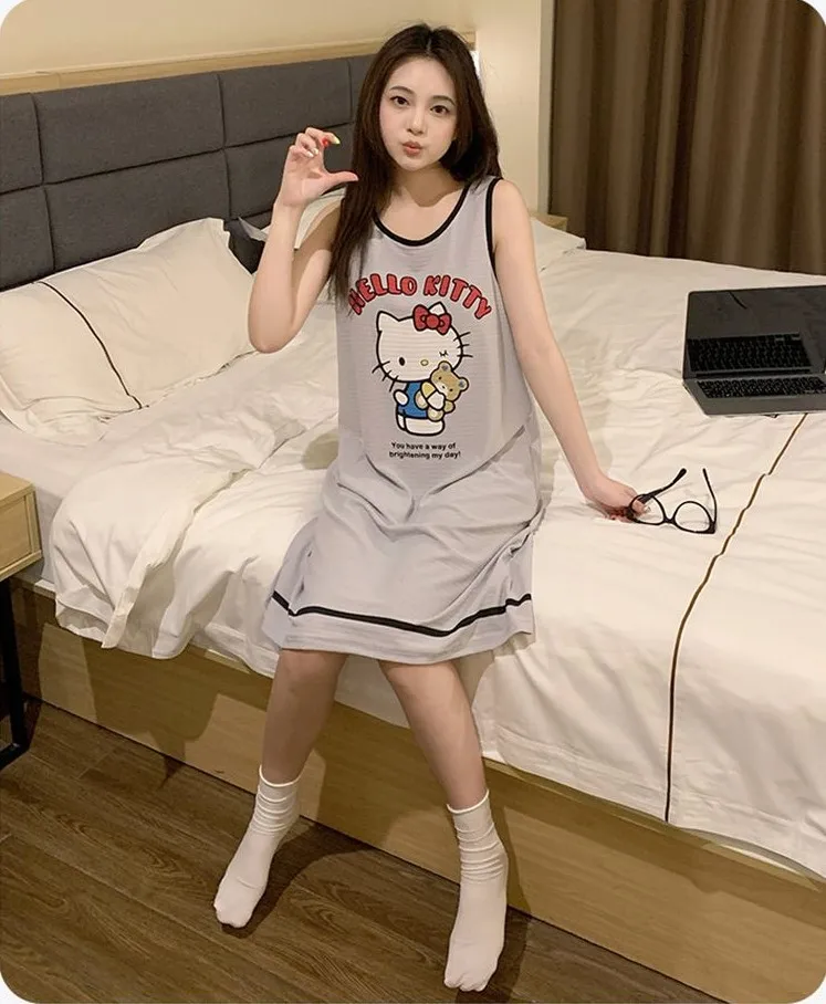 

Женская летняя пижама Hello Kitty — хлопковая ночная рубашка со встроенным бюстгальтером, домашняя одежда для отдыха с круглым вырезом
