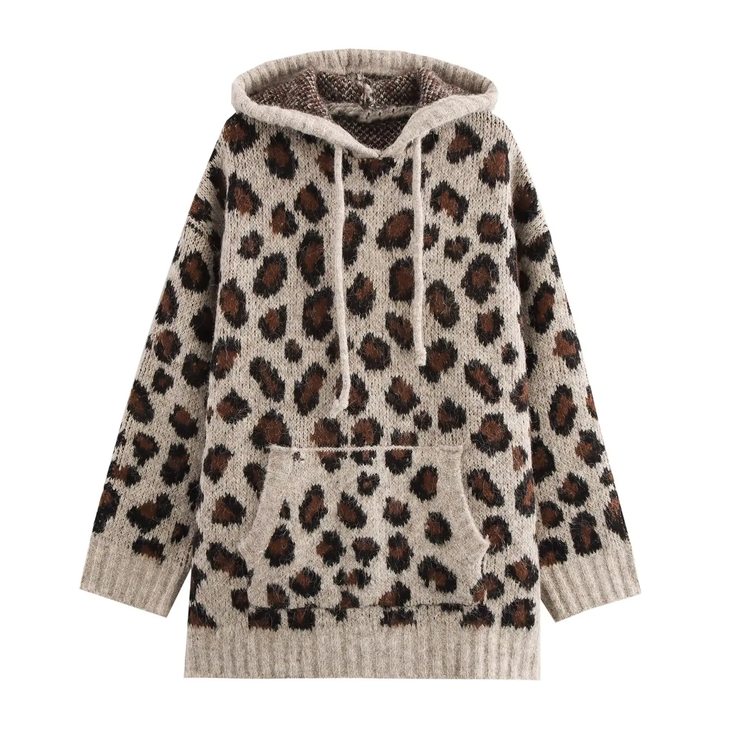Jenny&Dave Nordic Minimalist Leopard Print Jacquard Pullover Tops Winter Sweater Hooded Knit Sweater Sweatshirt Women
