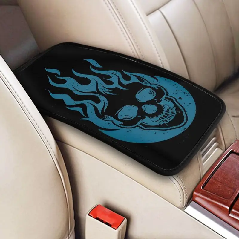 1 Pc Car Armrest Cover + 2 Pcs Cup Coasters | Blue Flame Skull Print | Cool Car Interior Accessories - view 4
