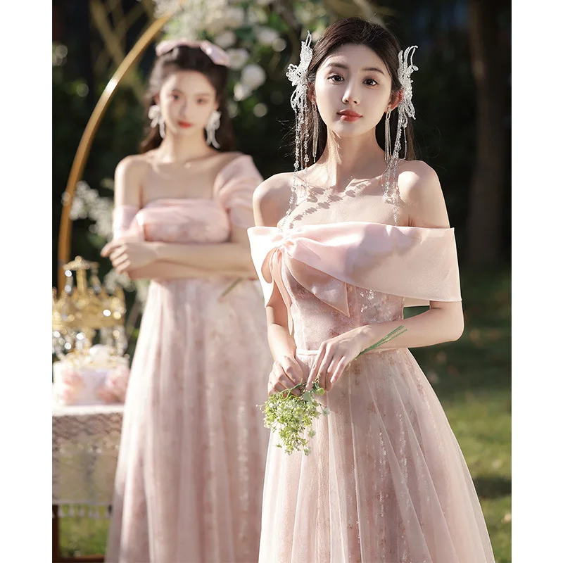 4 Style Pink Sequin Bridesmaid Dress Women 2023 New Off Shoulder Tull Long Wedding Party Gown Sister Group Performance Dresses