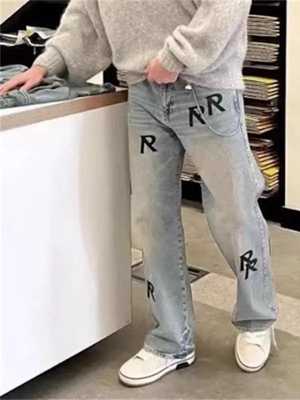 

Новые джинсы с вышивкой R, мужские джинсы High Street, американский модный бренд, длинные брюки с прямыми штанинами, повседневная одежда, всесезонные
