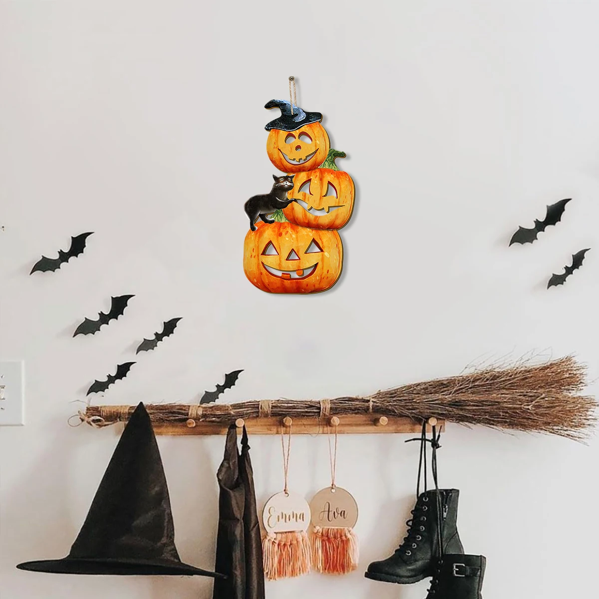 ديكور اليقطين المكدس للهالوين مع قطة سوداء - زخرفة منزلية احتفالية