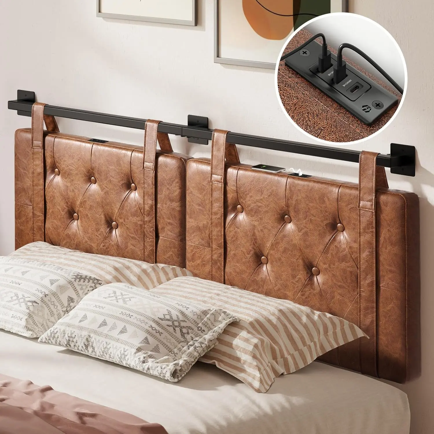 GREENSTELL Wall Mount Headboard with USB for King Size Bed, PU Leather Headboard Only, Industrial Pipe Modern Style, Brown Hangi