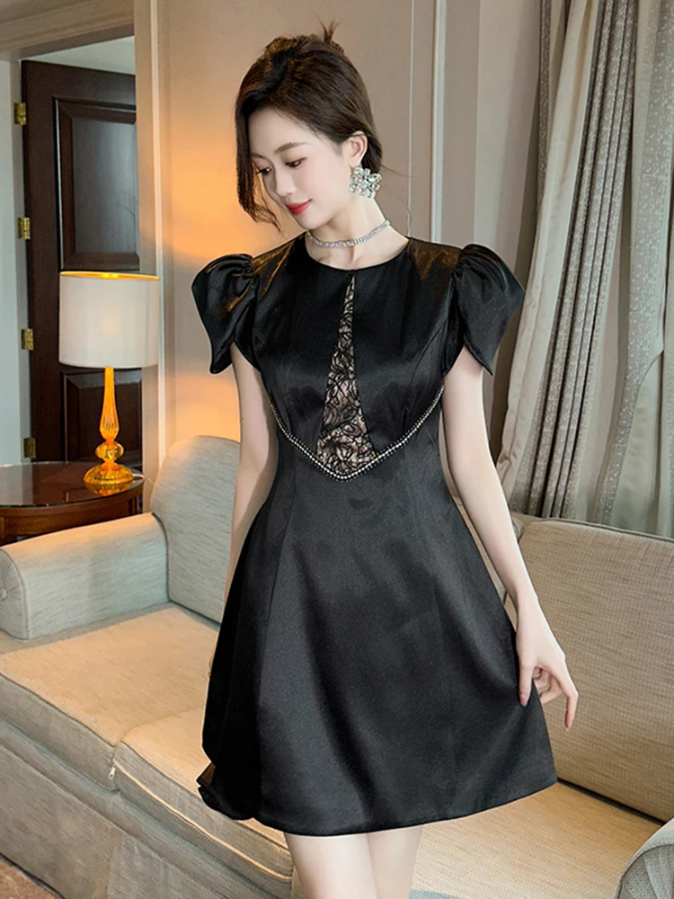 French Retro Elegant Mini Dress for Women Chic Black Satin Lace Splice Short Gown Femme Party Ball Vestidos Lady Banquet Clothes