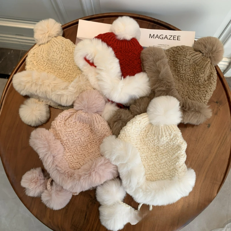 

Girls' Fleece Lei Feng Hat Winter Warm Knitted Thick Snow Hat Handmade Ear Protection Beanie Windproof and Cold-Resistant