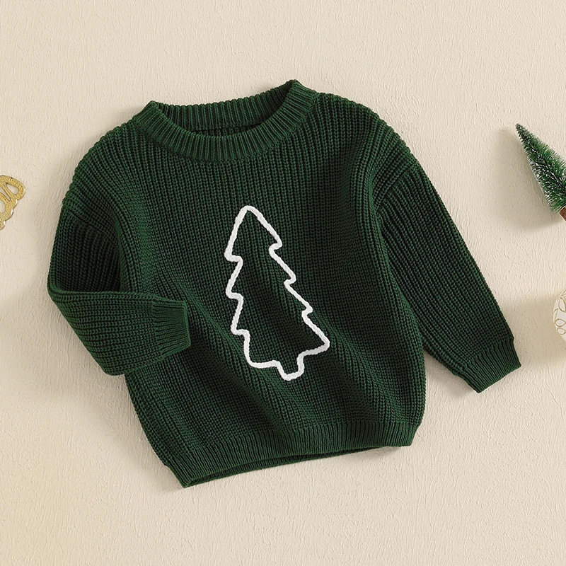 Suéter de Navidad para niños pequeños, jerseys de manga larga con cuello redondo y bordado de árbol de Navidad, ropa de otoño e invierno, Tops festivos