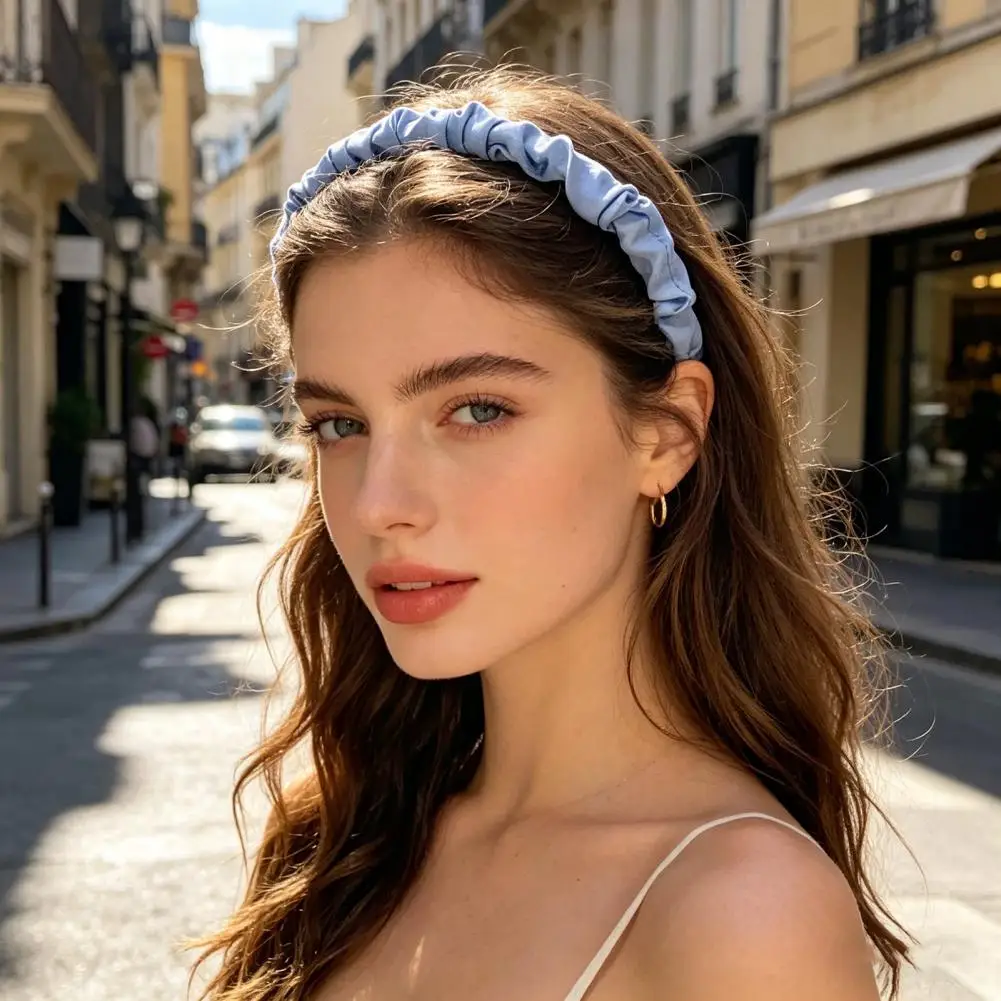 

Low-saturated Color Headband Women Thin Edge Headband Pleated Texture Hair Hoop Anti-slip Hair Accessory for Commuting School