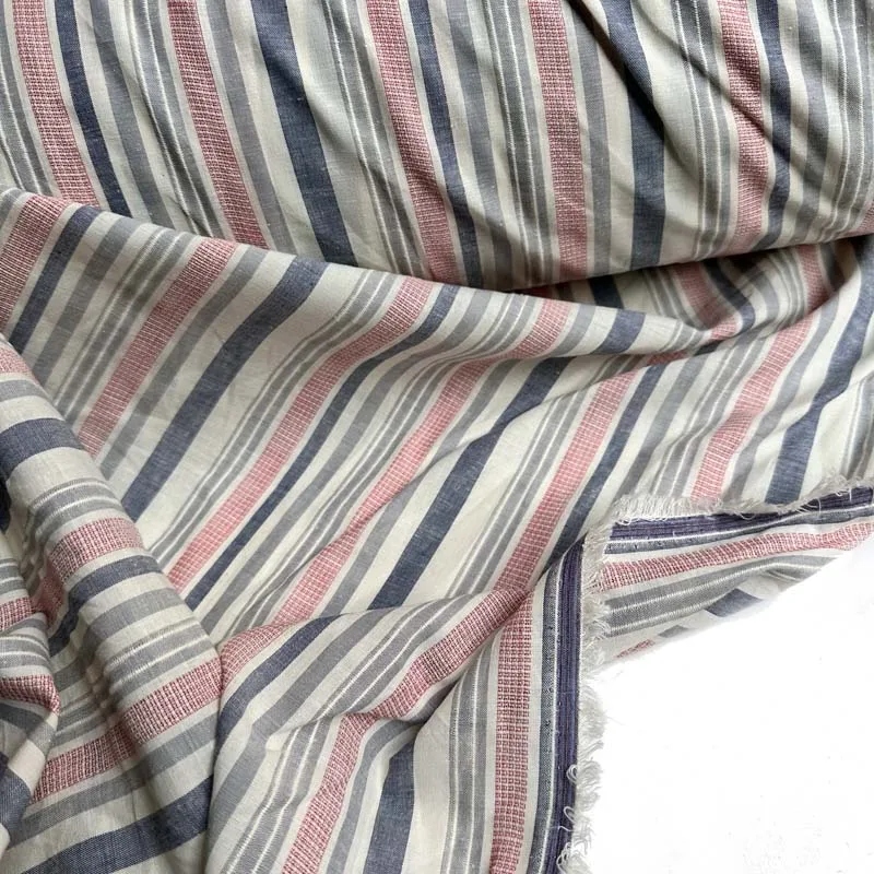 Retro Vintage 100% Cotton Yarn Dyed Pink Dark Blue Gray Stripe Thin Fabric for Summer Dress Blouse Skirt Shirt Craft Quilt Decor