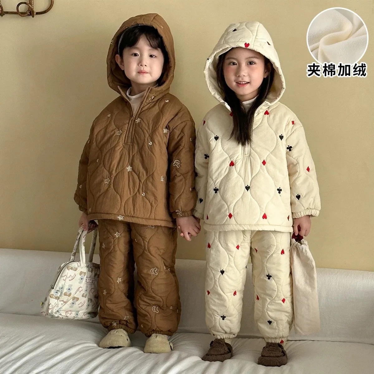 

Children's Set Autumn/Winter Hooded Boys and Girls with Velvet Warm Hoodie Pants 2-piece Set 2 4 6 7 Years