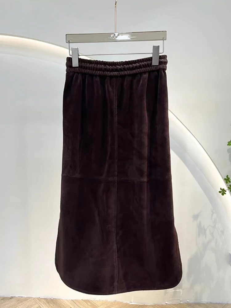 Retro Grade Kid Suede Leather Chocolate Brown Skirt For Women Winter Upgraded Imported Suede Jupe Front Split Waist Loop Faldas