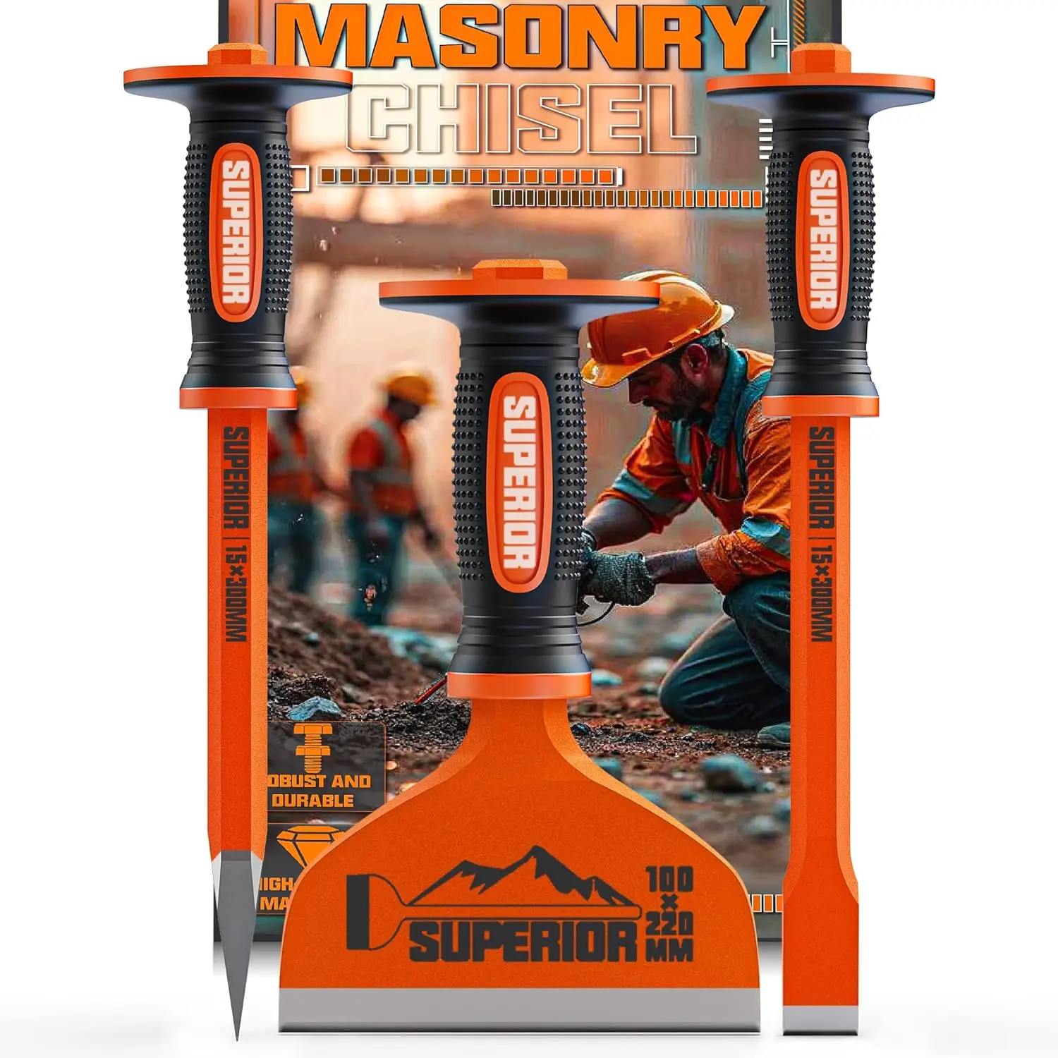 

Heavy Duty Masonry Chisel Set, 3 Pcs Concrete Chisels with Hand Guard, 12" Point & Flat, 8.5" Brick Chisel