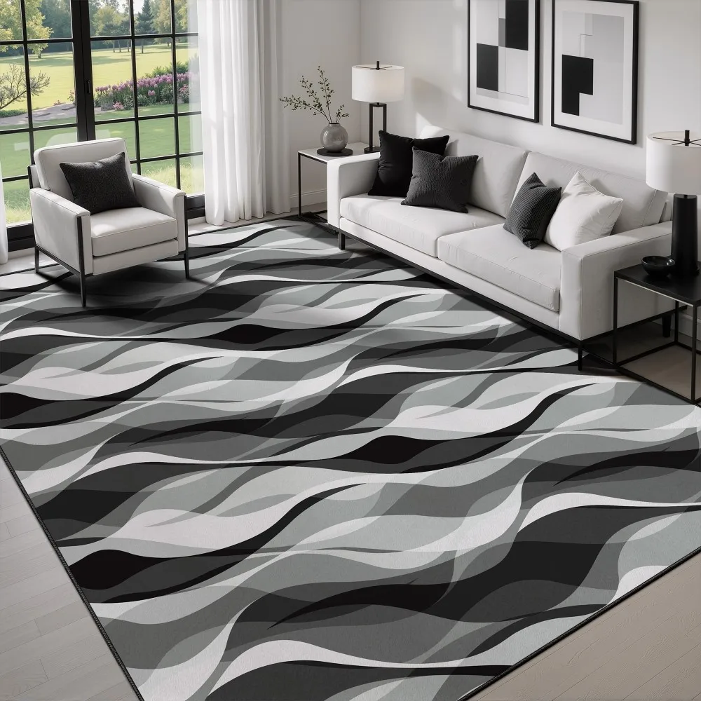 Gradient Carpet Modern Living Room Bedroom Rug Flowing Ribbon Floor Mat Contemporary Charcoal Grid Area House Doormat