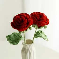 2PCS Knitted Rose Artificial Flowers Crochet Handmade Red Rose Wedding Home Party Table Decoration Creative Gift for Woman Girls