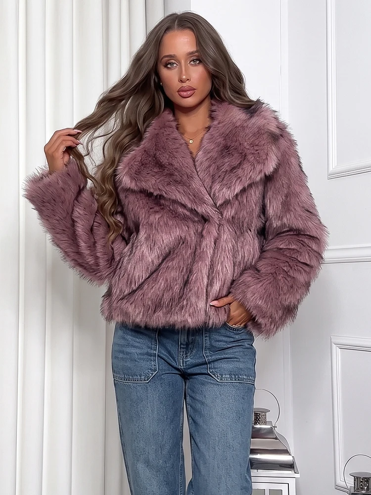 HH Damen Kunstpelz Kurze Jacke Eleganter Großer Revers Flauschiger Plüschmantel 2026 Herbst Winter Warme Dicke Damen Alltags- und Dating-Oberbekleidung