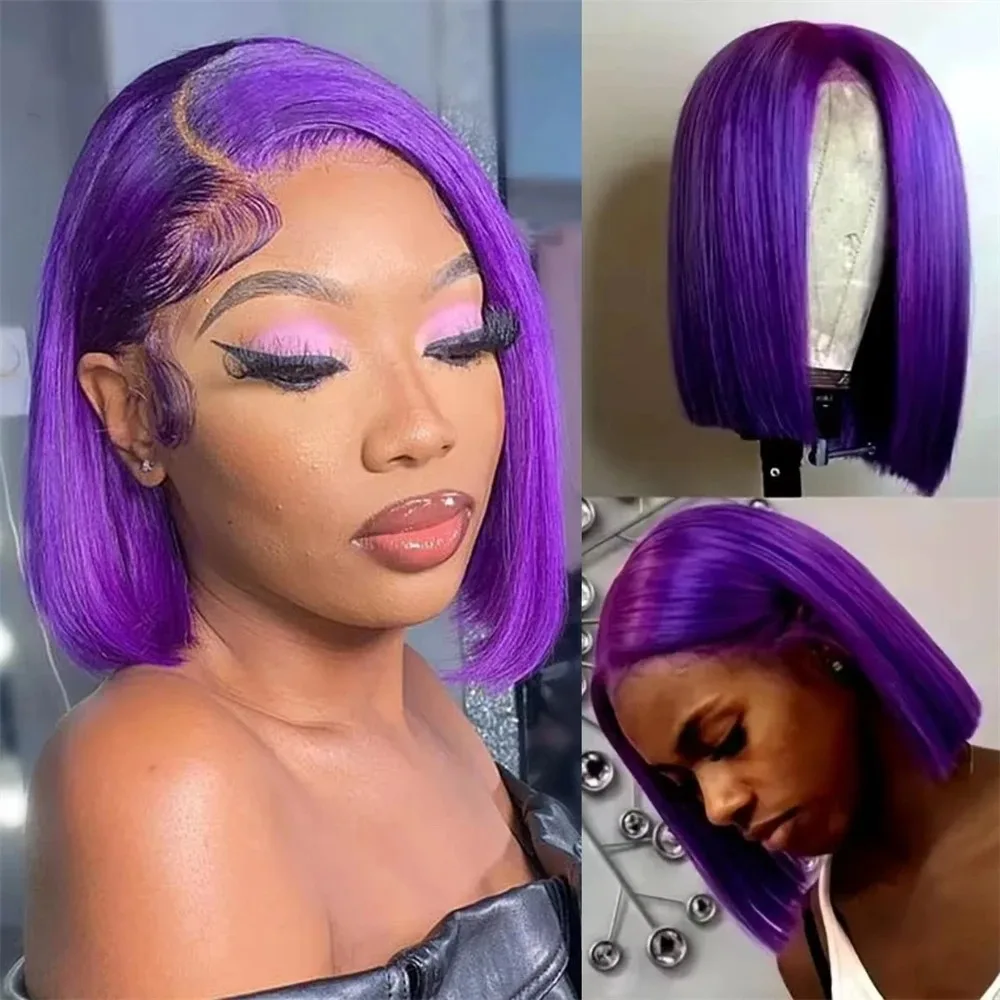 Purple Wig Short Bob Lace Front Wig 13x4 HD Straight Synthetic Natural Hairline Tiny Knots Pre Plucked Beginner Friendly Cosplay