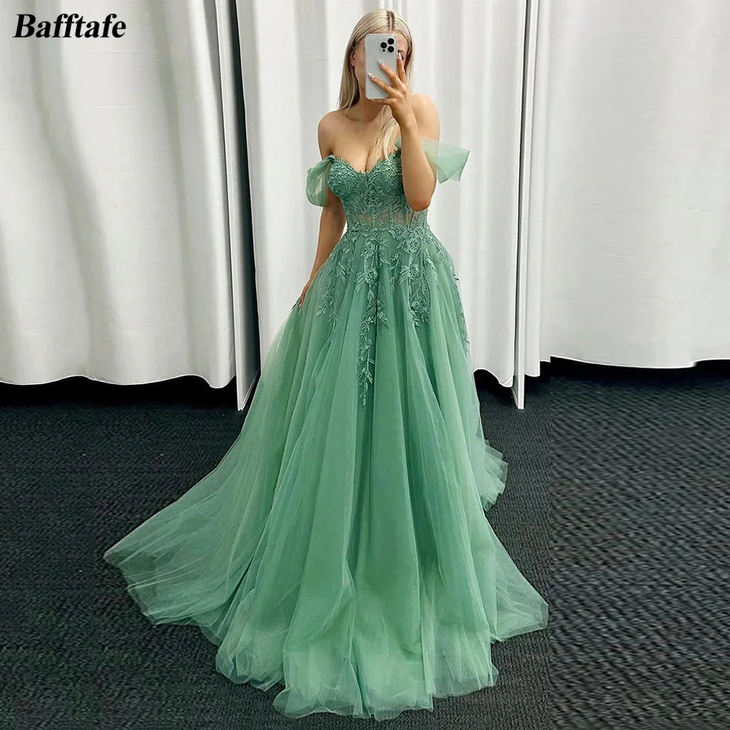 

Bafftafe A Line Tulle Lace Prom Evening Dresses Appliques Buttons Off The Shoulder Formal Party Gowns Women Wedding Photo Shoot