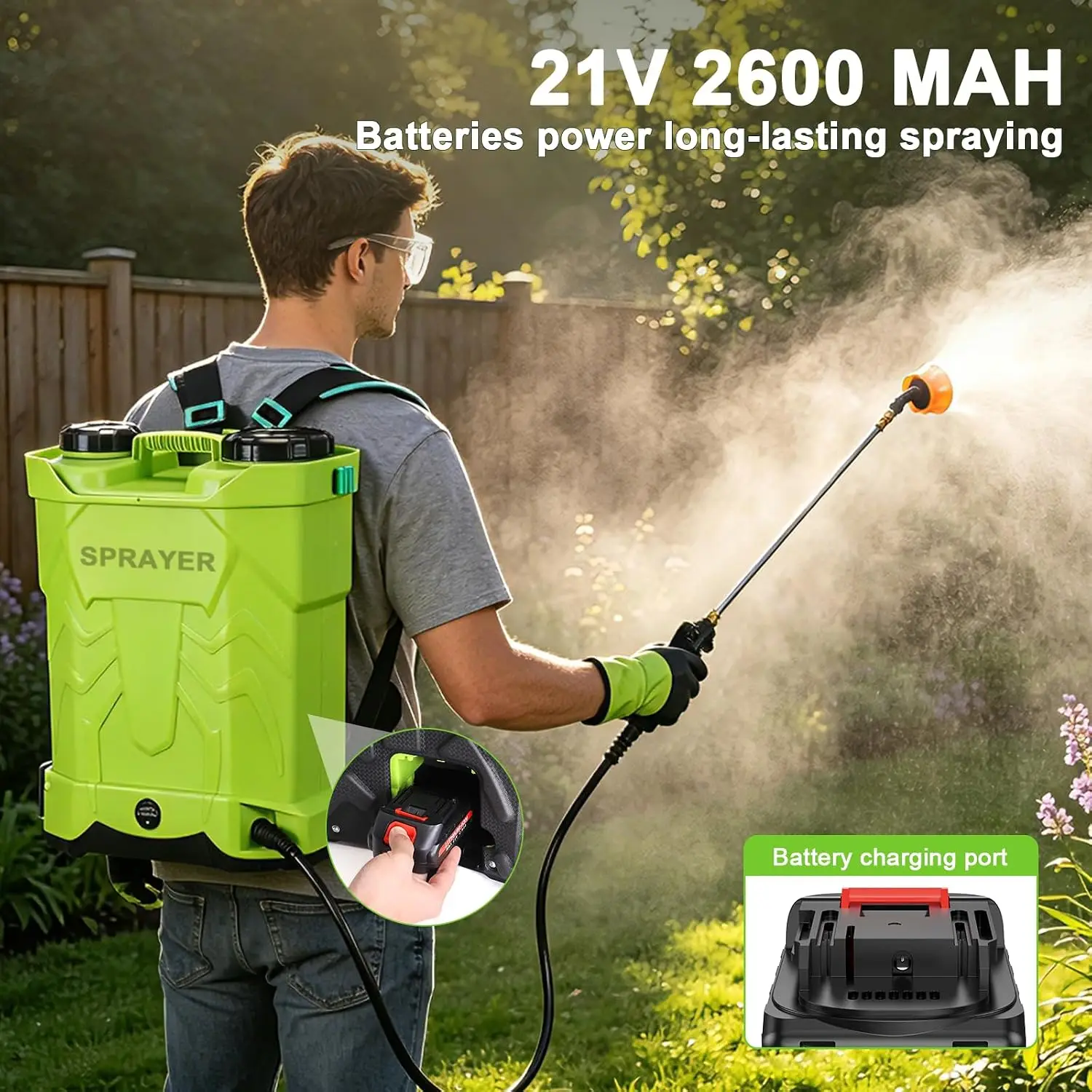 Battery Powered Backpack Sprayer 5.3 Gallon Electric Garden Sprayer 100 Psi Adjustable Pressure Rechargeable 21V 2.6Ah Battery 8