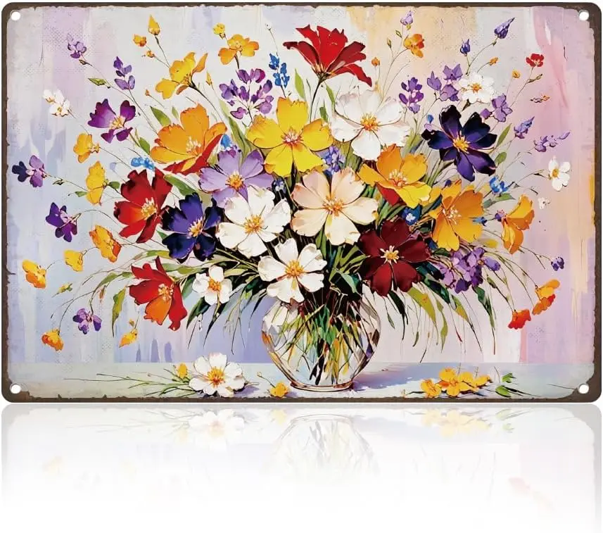 Colored Wildflower Retro Wall Decor Metal Tin Sign 8 x 12 Spring Wildflower Vintage Wall Art Poster for Home Coffee Cafe Room Ba
