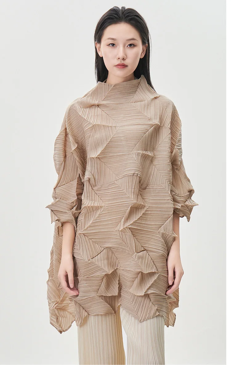 Lily-patterned diamond pleated top, new spring/summer style, white, ruched, wide-cut T-shirt, loose fit, plus size, mid-length.