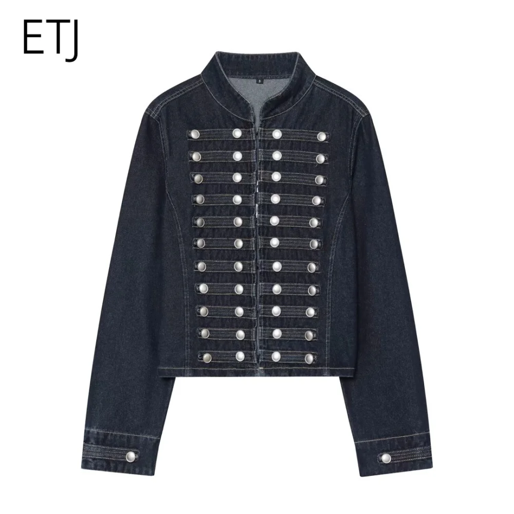 ETJ 2026 Damen Napoleon-Stil Jeansjacke Vintage Militär Doppelreihiger Mantel Silberne Knöpfe Slim Fit Herbst Oberbekleidung – Detail 29