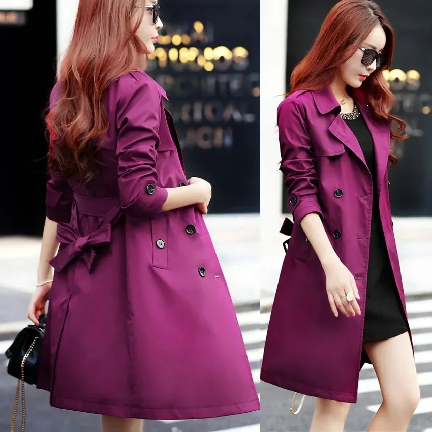 

Purple Windbreaker Women's Mid-Length Trench Coat 2024 Spring New Korean Slim Waist British Casual Autumn Coat With Belt Outwear