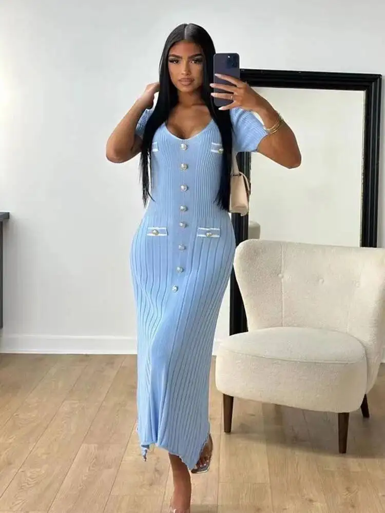 Office Lady Elegant Knitted Long Dress Short Sleelve V Neck Single Breasted Bodycon Dresses Women Party Fashion Vestidos 0WGX