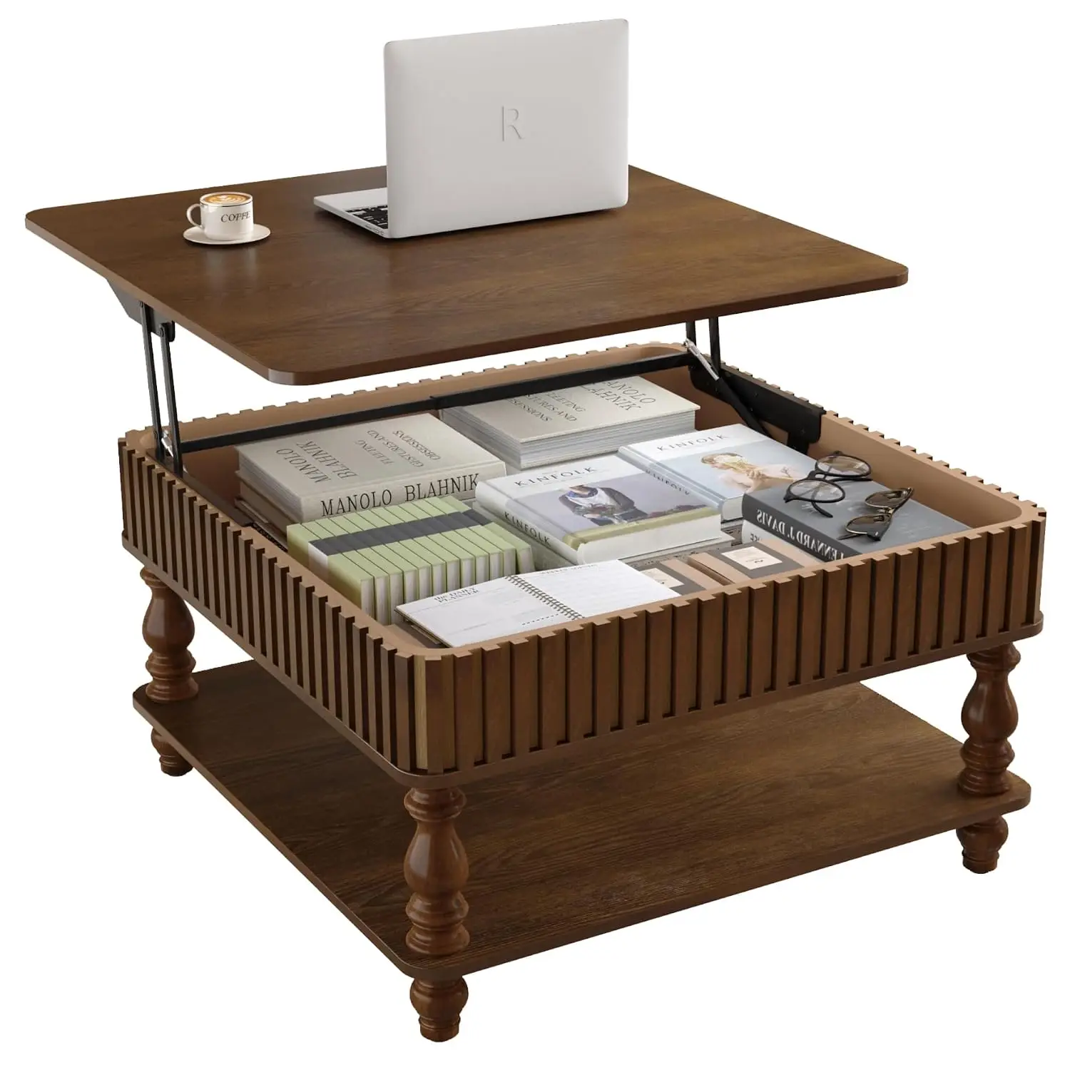 Fluted Lift-Top Coffee Table with Hidden & Open Storage, Hydraulic Mechanism, Wood Legs for Living Room, Walnut, Customized
