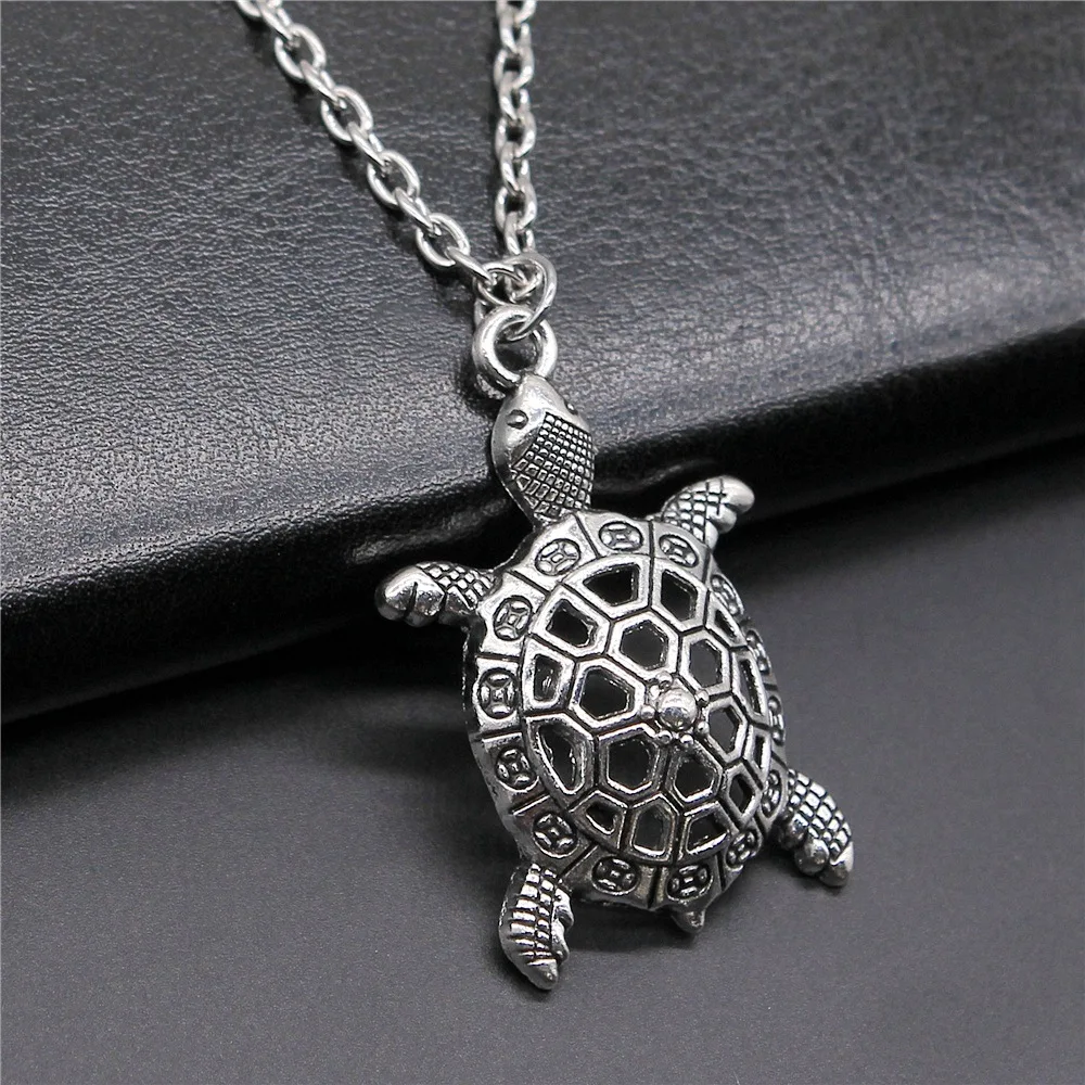 Vintage Fashion Antique Silver Color 38x25mm Tortoise Pendant Necklace For Women Men Long Chain Trendy Jewelry Accessories