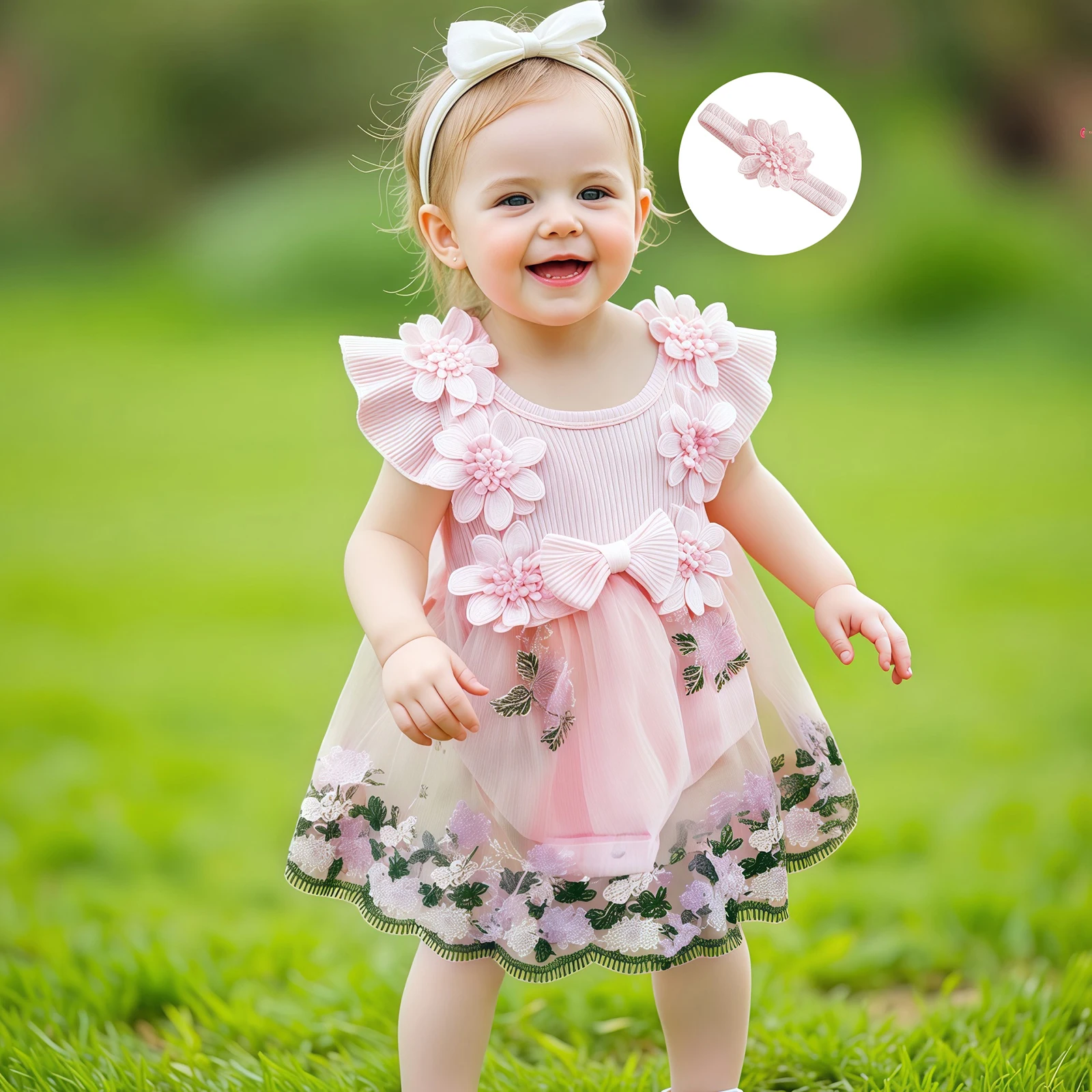 Baby Girls Mesh Lace Rompers Dress Round Neck Floral Embroidery Mesh Skirt Hem Infant Bodysuits Jumpsuits with Headband