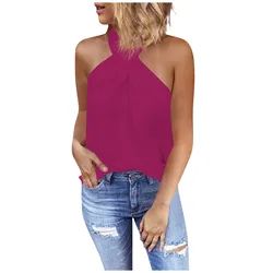 Sexy Summer Slim Fit Strappy Cross Over Front Cut Out Zipper Handing Crop Top For Women Sleeveless Halter High Street Wear