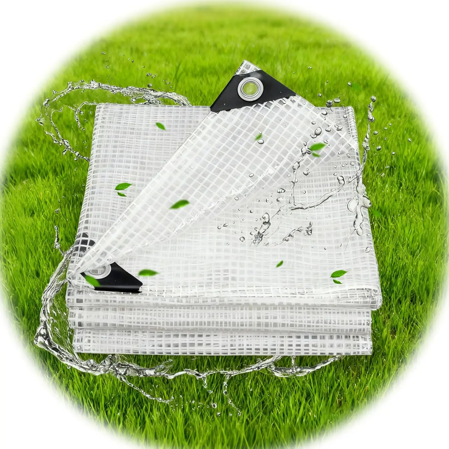 Clear Grid PVC Waterproof Tarp, Reinforced Corners With Metal Grommets, Anti‑Aging Windproof Tear‑Resistant Cover for Courtyard