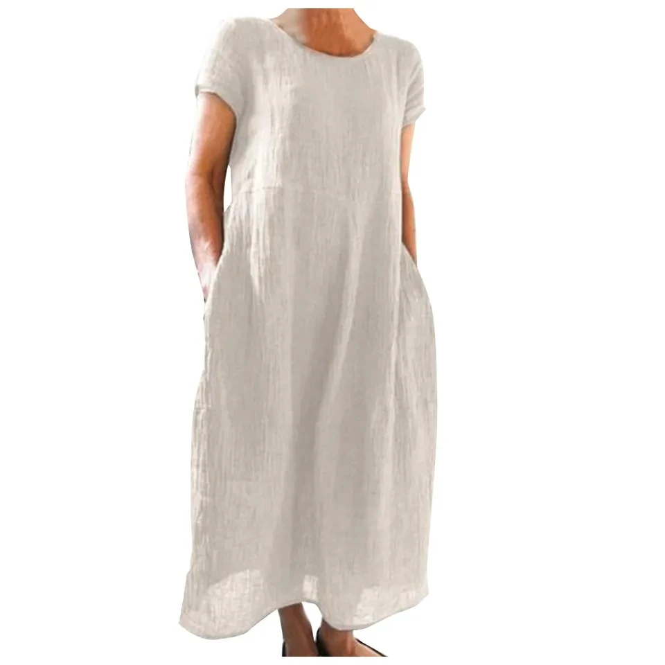 

Vestidos Elegantes Round Neck Short-sleeved Casual Solid Color Dress Women's Summer Loose Retro Daily Outdoor Comfortable Dress