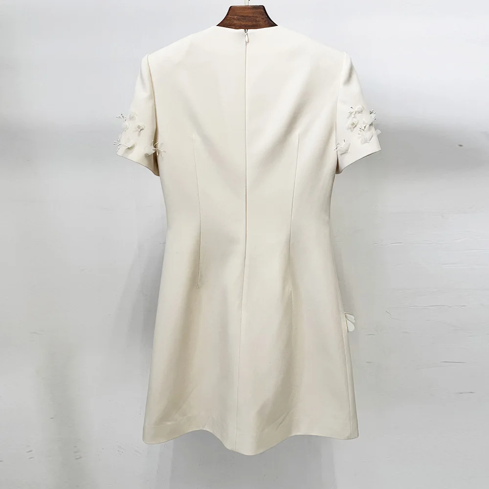HIGH QUALITY 2026 Designer Vestido Women's Luxurious 3D Flower Bead Short Sleeve Dress