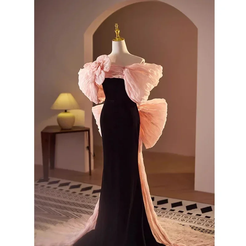 Evening Dresses Customization Black Velvet Off the Shouler Pink Floral Marmaid Floor-length Plus size Women Party Formal Gowns