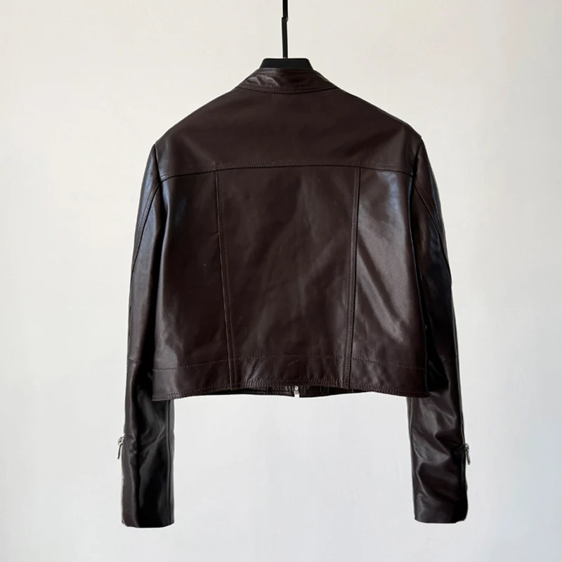 Mode col montant femmes a-livre en peau de mouton Moto vestes manteau rétro huile cire cuir coupe ajustée femme en cuir véritable veste hauts