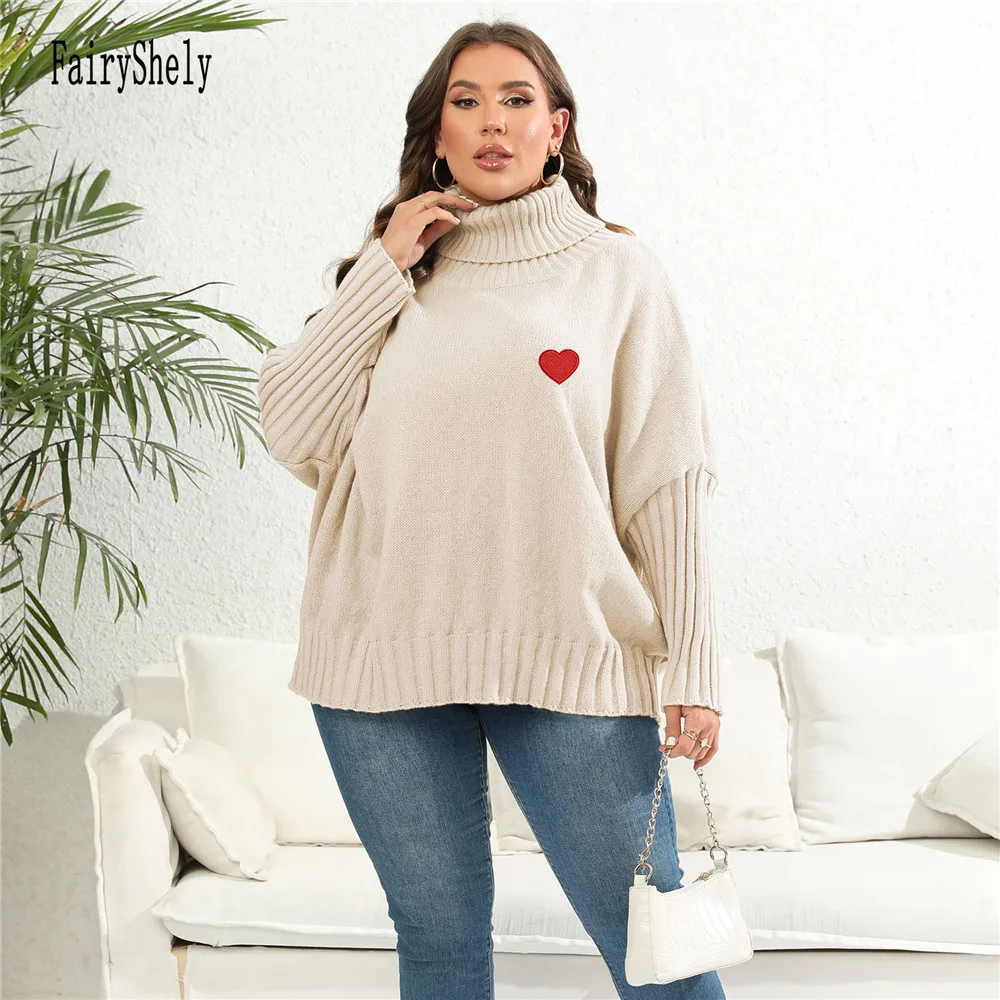 2025 zimowy sweter z golfem Plus Size damski serce duży sweter Lady Casual luźny sweter Oversize duże koszulki krągła dzianina