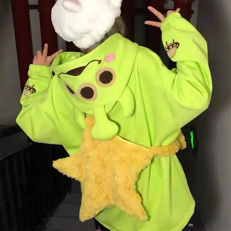 Anime Disney Toy Story Alien Hooded Sweater American Retro Jacket Green Girl Loose Warm Coat Top Girl Anime Birthday Gift