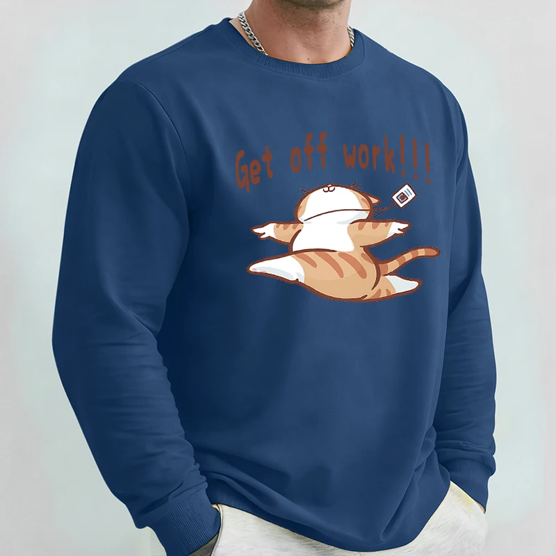 

Get Off Work Happy Working Cat Prints Мужская одежда с круглым вырезом Повседневные мягкие толстовки Теплая повседневная уличная одежда Зимний пуловер в стиле хип-хоп