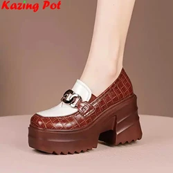 Krazing Pot Genuine Leather Round Toe Super High Heels Shoes Mixed Colors Metal Decorations Casual Platform Fashion Women Pumps