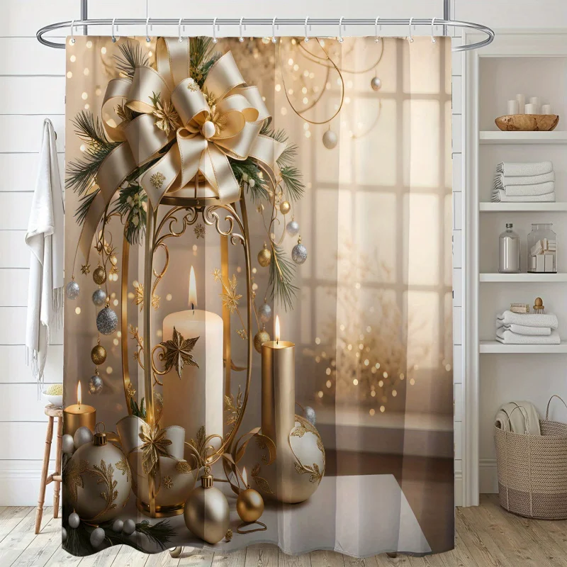 Christmas Holiday-Themed Woven Polyester Bath Drape with Candle and Pine Motif, Water-Resistant Fabric, Machine Washable, Includ