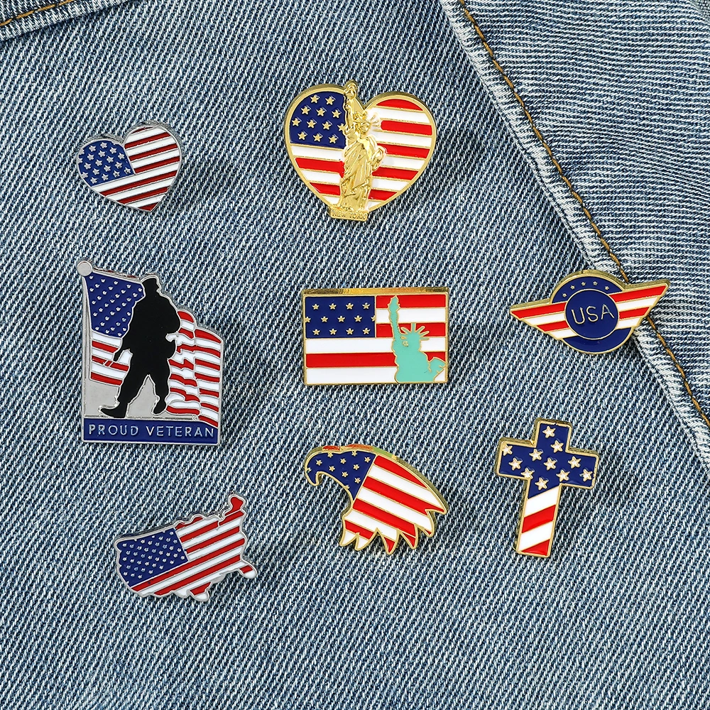 United States National Flag Enamel Pins US America Soldier Veteran Statue of Liberty Souvenir Badge Brooch Bag Clothes Lapel Pin