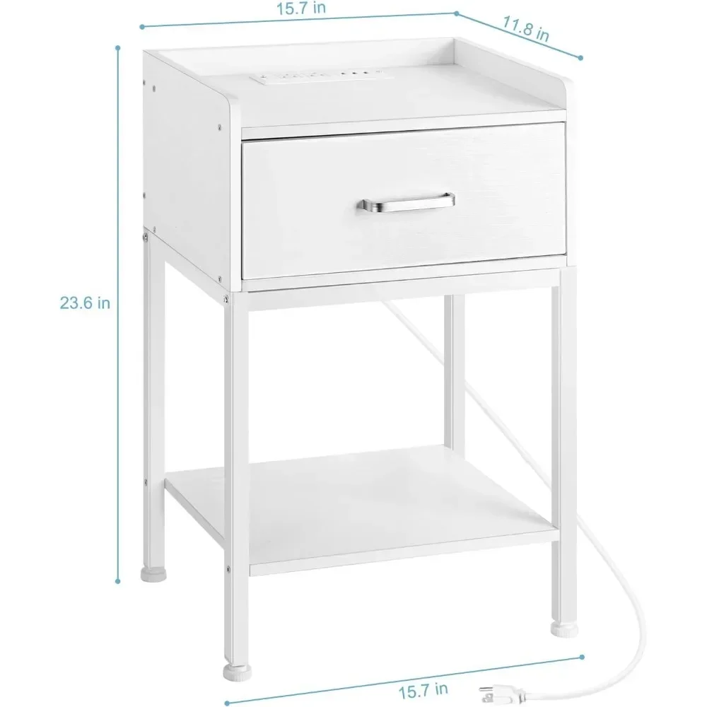 Szafka nocna z stacja ładowania dwupoziomową, stoliki sypialnia z szufladą mała, biała, stolik nocny z portami USB i gniazdkami