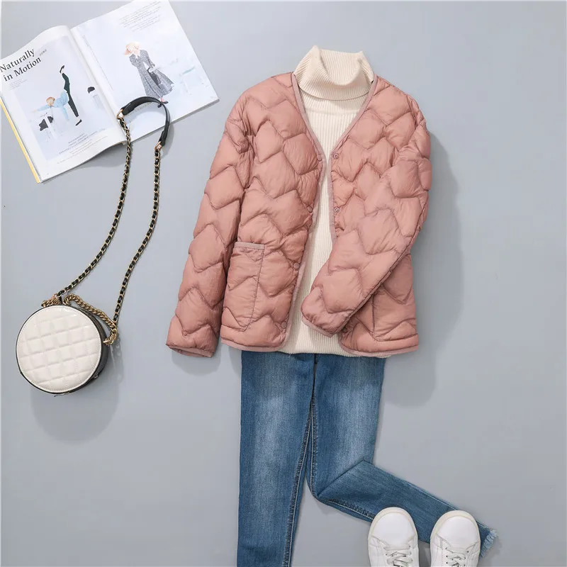 Autumn Winter Light Thin White Duck Down Coat Women V Neck Warm Down Jacket Female Single Breasted Bigsize Puffer Parkas Outwear