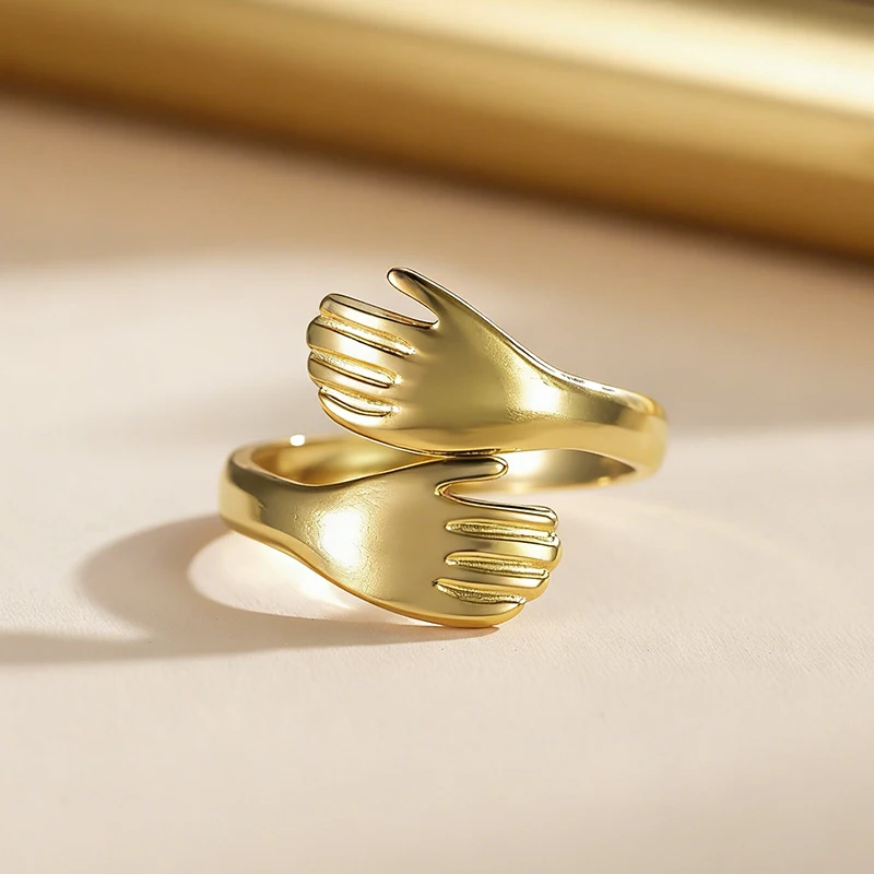 Trendy 18K Gold Plated Stainless Steel Adjustable Ring Hugging Hands Charms Open Cuff Ring Fashion Jewelry Gift For Women & Her