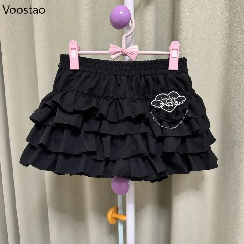 Gothic Y2k Lolita Mini Skirt Women Vintage Sexy Lace Love Hearts Ruffle Patchwork Punk Skirt Harajuku Cute High Waist Cake Skirt