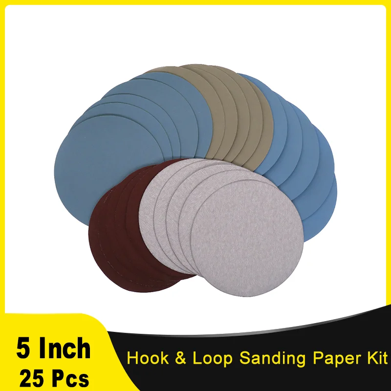 5 Inch Hook & Loop Sanding Paper Kit 25 Pcs Assorted Grit 1000-5000 for for Car Grinding Wooden Furniture Jade Boat Polishing