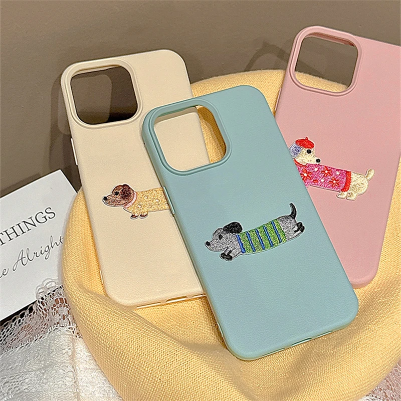 Korea Cute Cartoon Embroidered Puppy Leather Pattern Case For iPhone 16 15 Pro Max 14 PLUS 13 Promax 12 11 Shockproof Back Cover